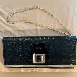 Black Croc-Embossed Chain Clutch - Unbranded